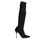 Dolce & Gabbana Black Leather Ribbed Knit Knee Boots Shoes LA11449-38
