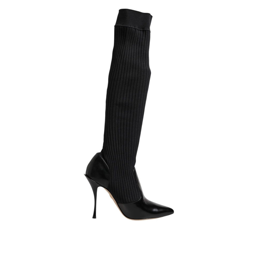 Dolce & Gabbana Black Leather Ribbed Knit Knee Boots Shoes LA11449-38