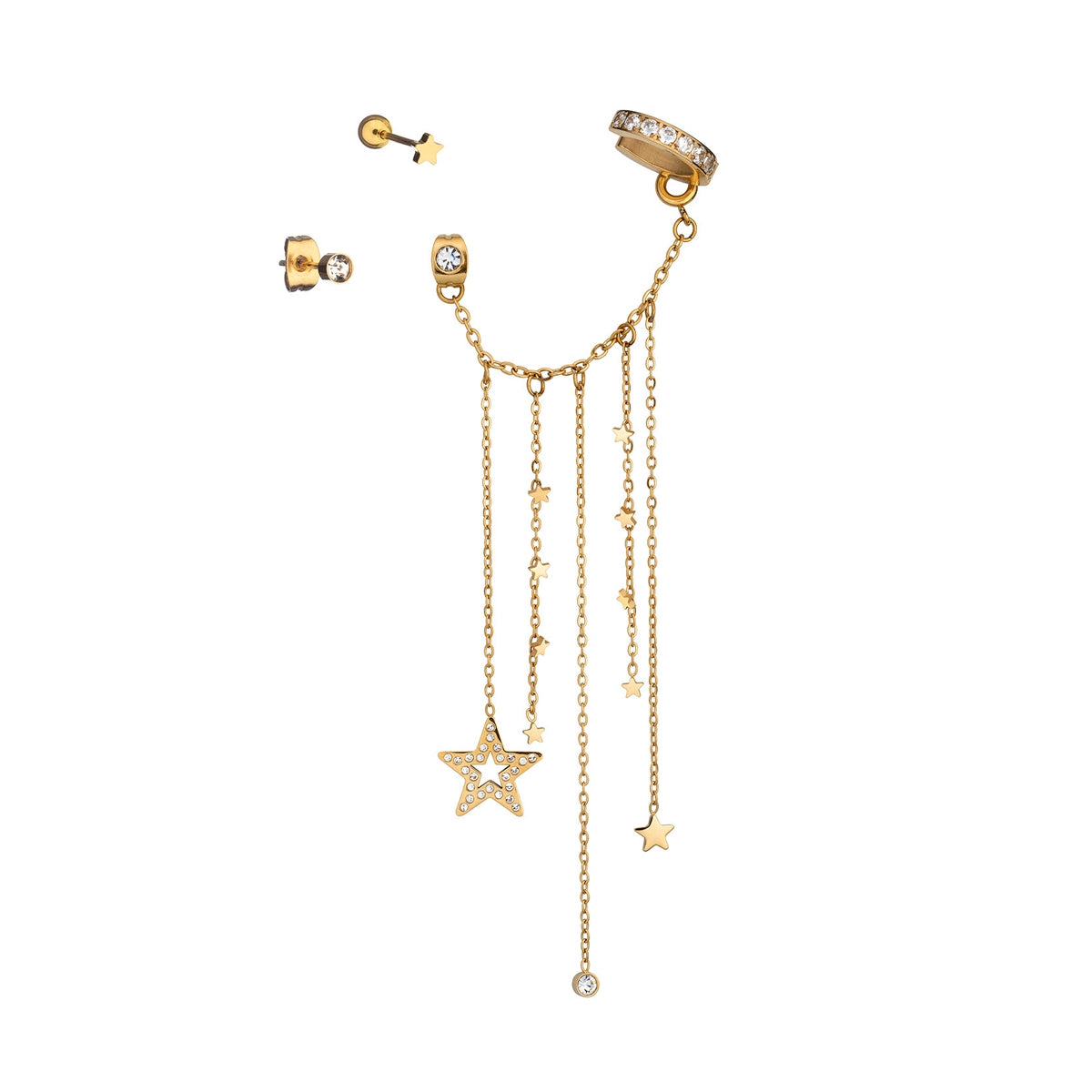 AN JEWELS JEWELRY Mod. AB.EP001G gold star chain earrings with studs and crystal accents