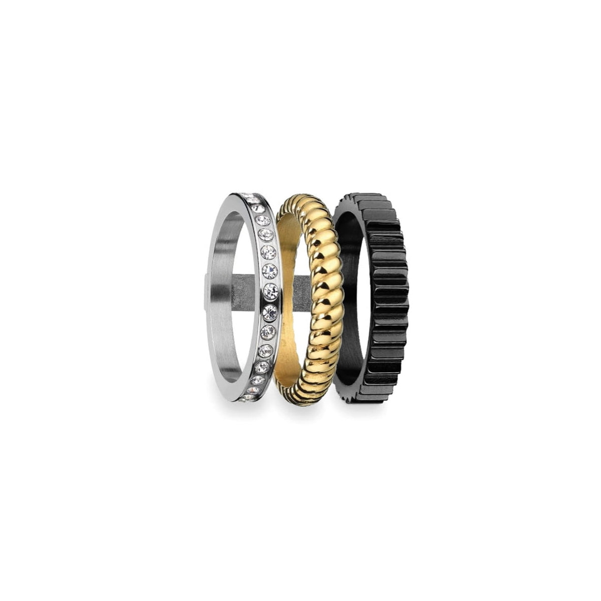 AN JEWELS JEWELRY Mod. AR.R3NS03SYK-8 gold, black, and silver ring set showcasing elegant design.