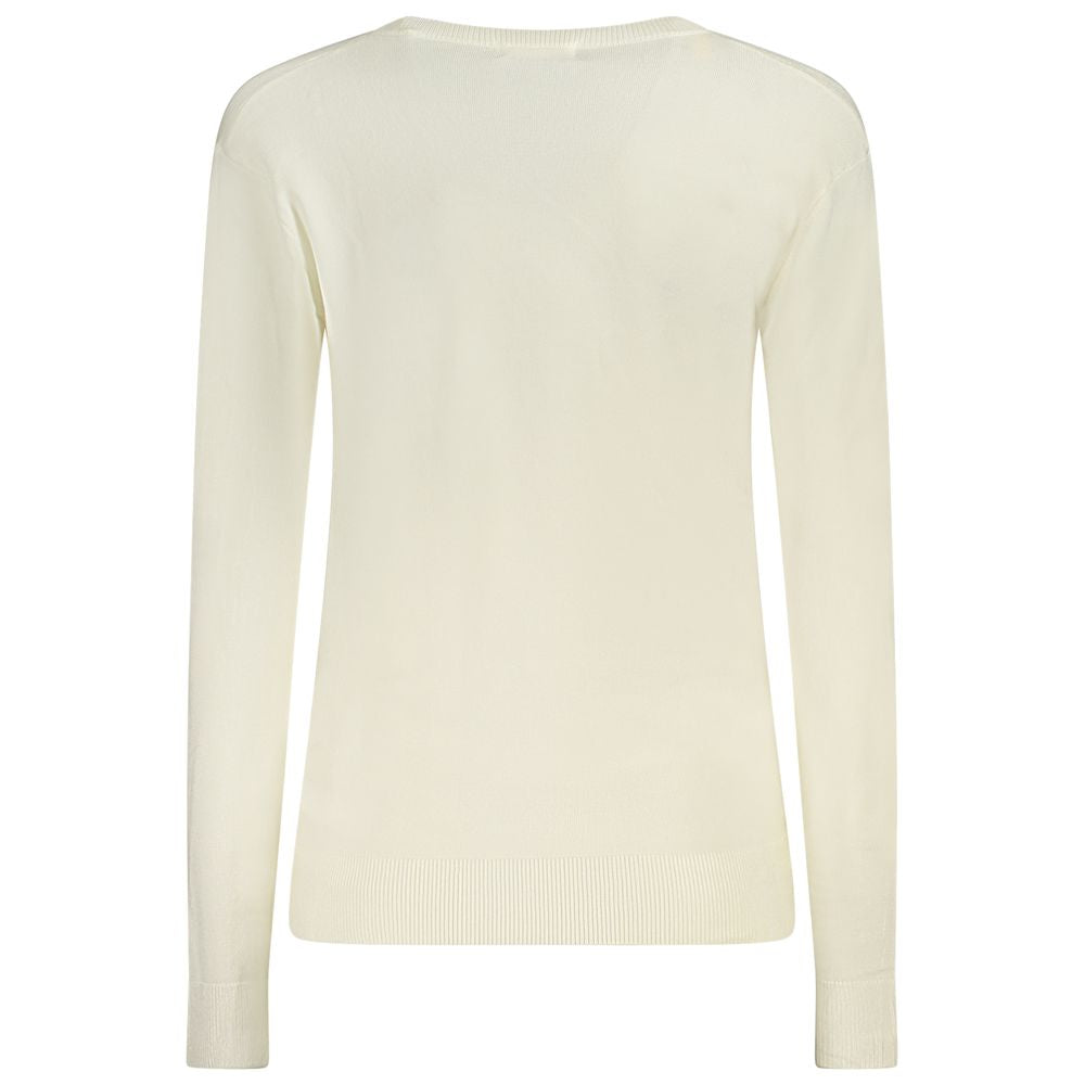 Guess Jeans White Viscose Sweater with long sleeves, V-neck, and contrasting details showcasing the back view
