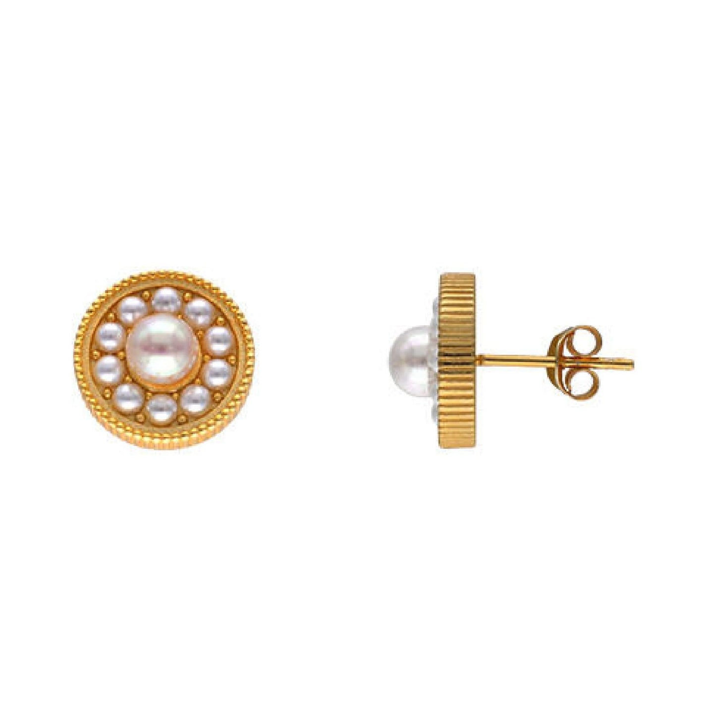 MAJORICA JEWELRY Mod. 17732.01.1.E00.906.1 elegant gold circular earrings with pearls, front and side view