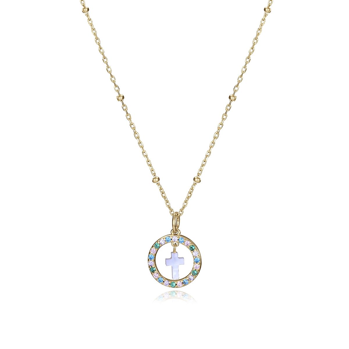 Elegant cross pendant necklace with gold chain and colorful stones, perfect for women's fashion and spiritual elegance.