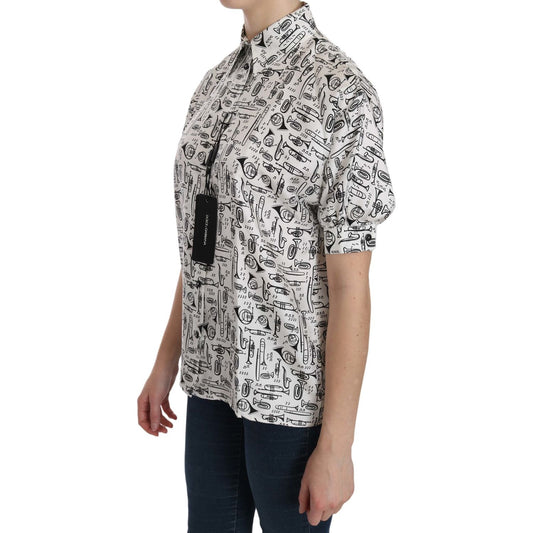 Dolce & Gabbana White Musical Instrument Collared Blouse Shirt TSH3114-36