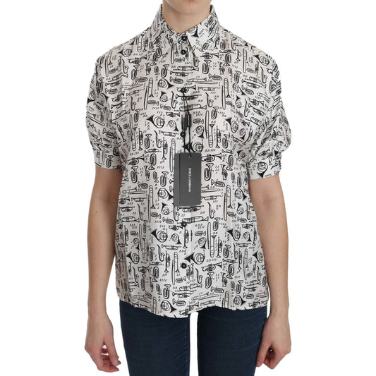 Dolce & Gabbana White Musical Instrument Collared Blouse Shirt TSH3114-36