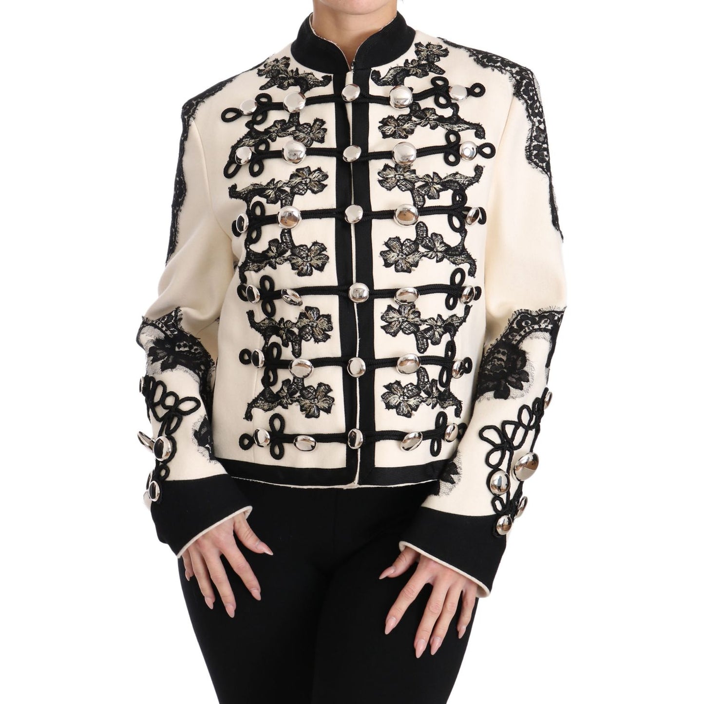 Dolce & Gabbana White Wool Black Floral Baroque Jacket