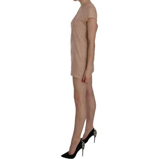 PINK MEMORIES Pink Lace Short Sleeve Shift Mini Dress