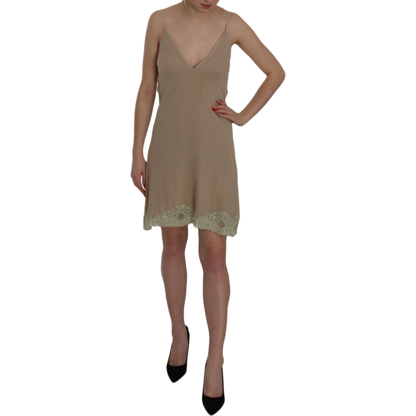 PINK MEMORIES Beige Lace Spaghetti Strap Mini Cotton Dress TSH3477-44