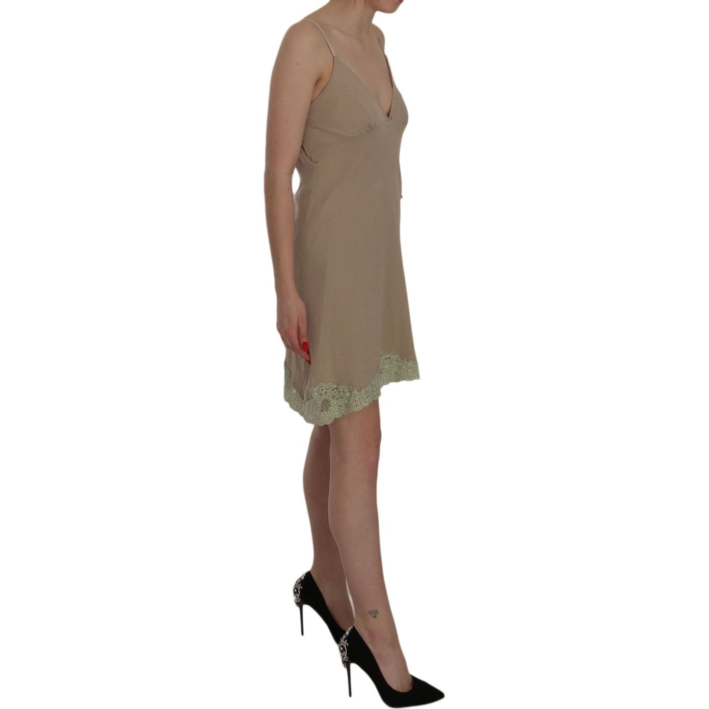 PINK MEMORIES Beige Lace Spaghetti Strap Mini Cotton Dress TSH3477-44