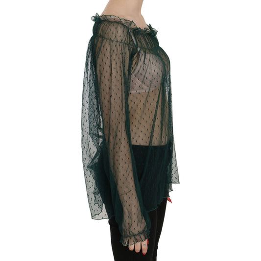 PINK MEMORIES Green Mesh See Through Long Sleeve Top Blouse