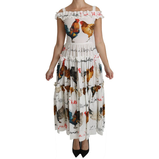 Dolce & Gabbana White Rooster Sheath Midi Cotton Dress DR2140-38