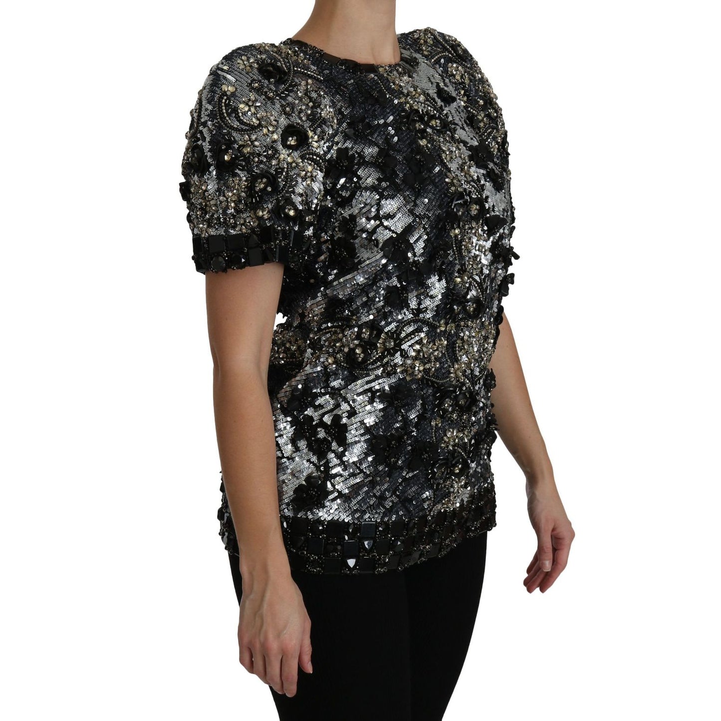 Dolce & Gabbana Black Sequined Crystal Embellished Top Blouse