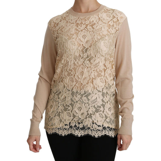 Dolce & Gabbana Beige Lace Long Sleeve Top Cashmere Blouse TSH4250-38