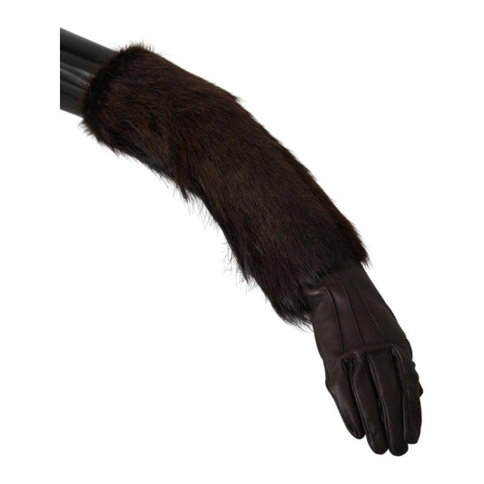 Dolce & Gabbana Brown Elbow Length Mittens Leather Fur Gloves LB1018-7.5