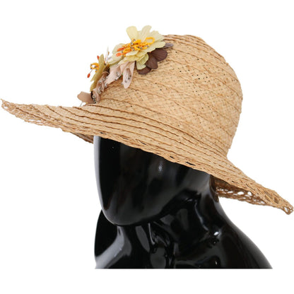 Dolce & Gabbana Beige Wide Brim Floral Bucket Capello Hat