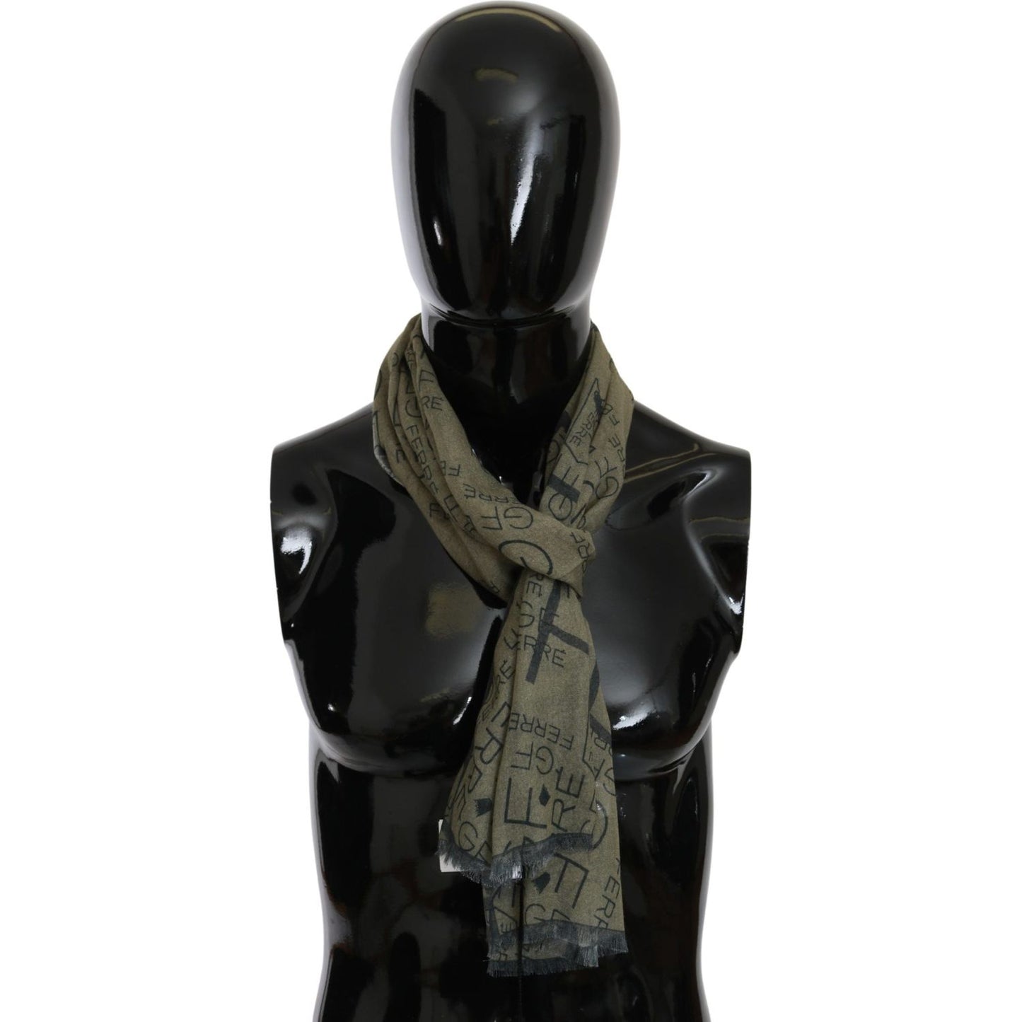 GF Ferre Green Wool Viscose Foulard Patterned Branded Scarf