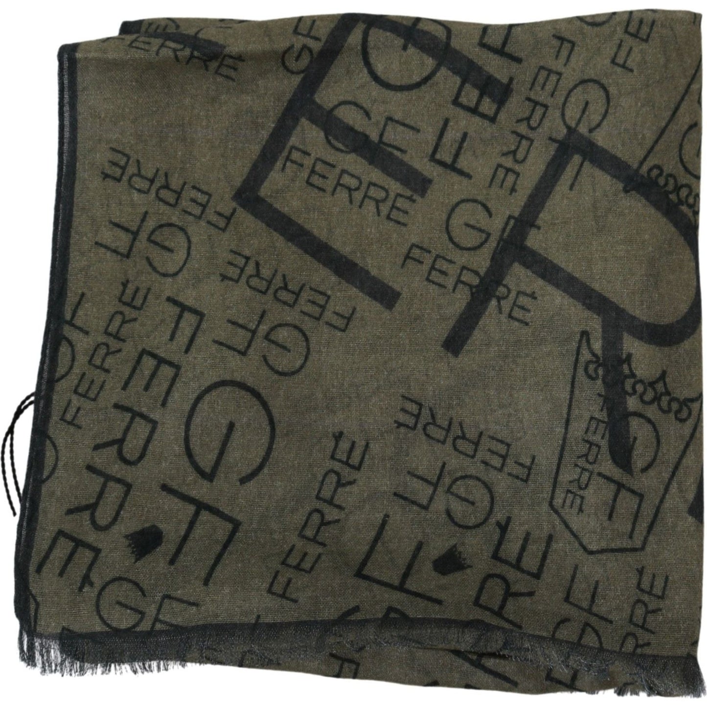 GF Ferre Green Wool Viscose Foulard Patterned Branded Scarf