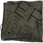 GF Ferre Green Wool Viscose Foulard Patterned Branded Scarf