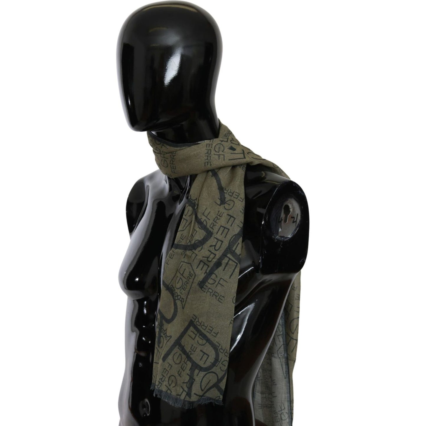 GF Ferre Green Wool Viscose Foulard Patterned Branded Scarf