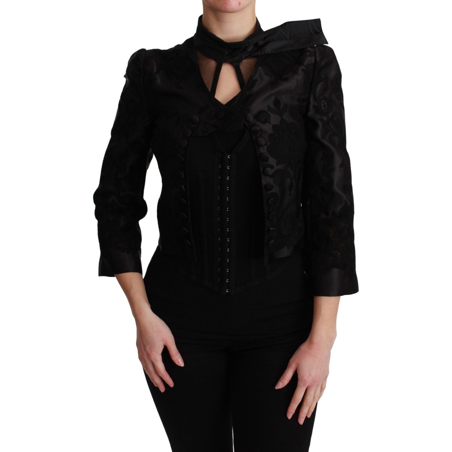 Dolce & Gabbana Black Floral Jacquard Blazer Silk Jacket