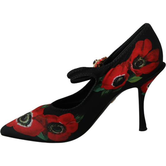 Dolce & Gabbana Black Red Floral Mary Janes Pumps Shoes LA6586-36