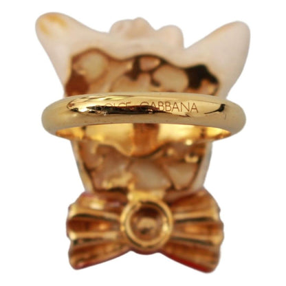 Dolce & Gabbana Gold Brass Resin Beige Dog Pet Branded Accessory Ring