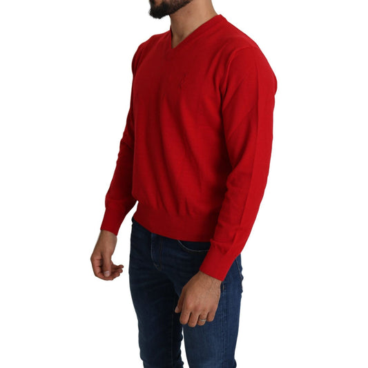 Billionaire Italian Couture Red V-neck Wool Sweatshirt Pullover Sweater TSH2009-XL