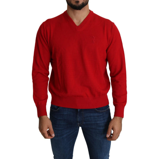 Billionaire Italian Couture Red V-neck Wool Sweatshirt Pullover Sweater TSH2009-XL