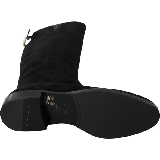 Dolce & Gabbana Black Suede Knee High Flat Boots Shoes