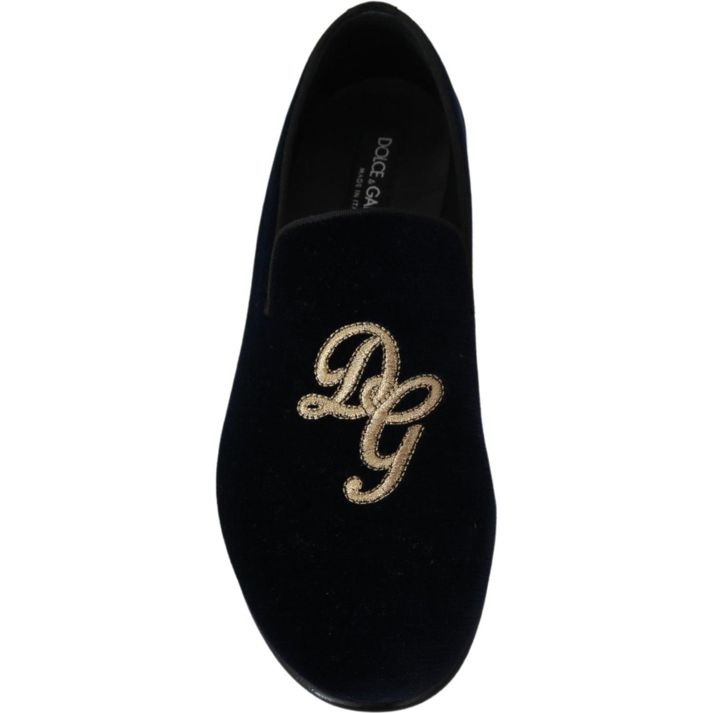 Dolce & Gabbana Blue Velvet Gold Logo Slipper Loafers Shoes