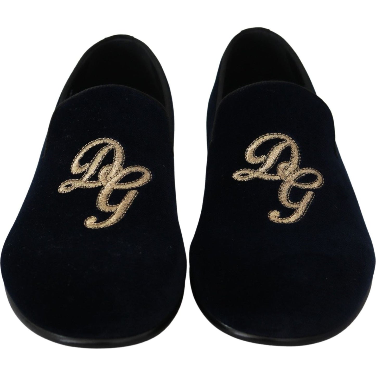 Dolce & Gabbana Blue Velvet Gold Logo Slipper Loafers Shoes