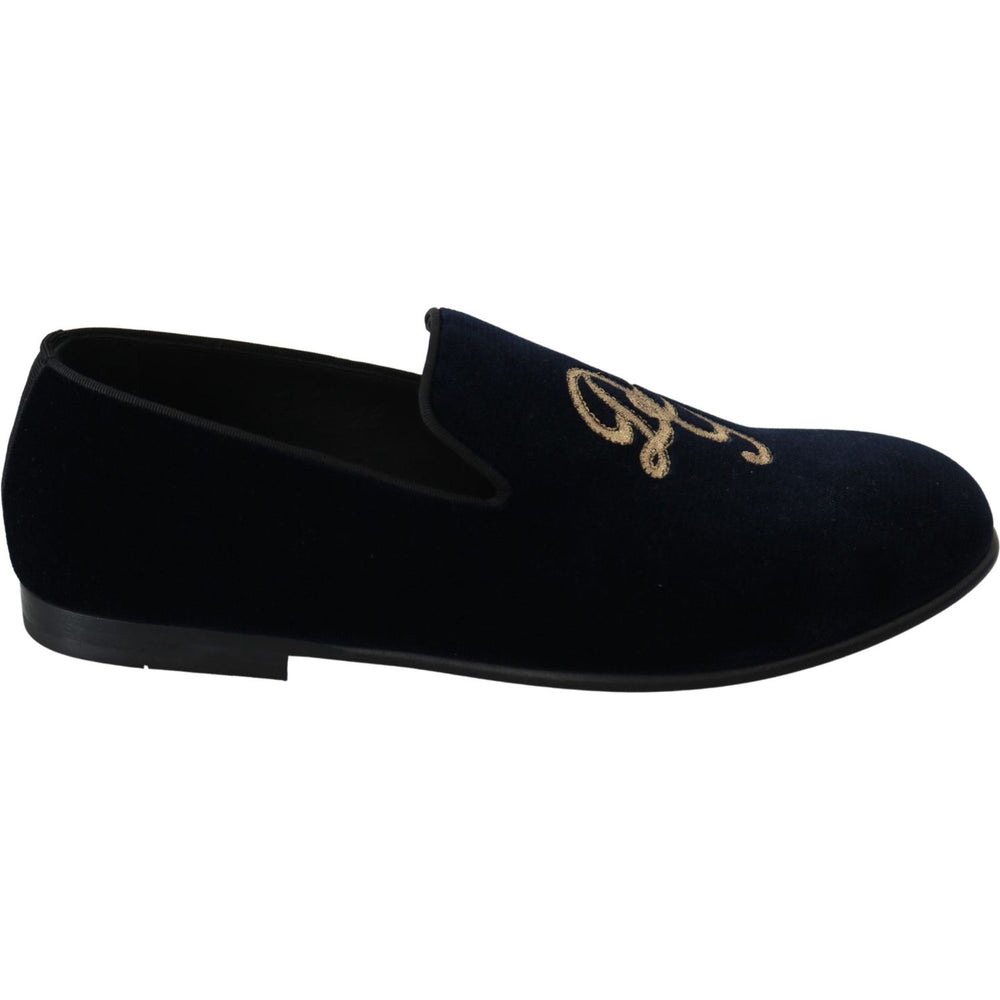 Dolce & Gabbana Blue Velvet Gold Logo Slipper Loafers Shoes