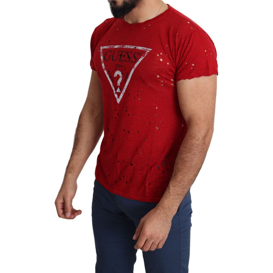 Guess Red Cotton Logo Print Men Casual Top Perforated T-shirt TSH5084-L