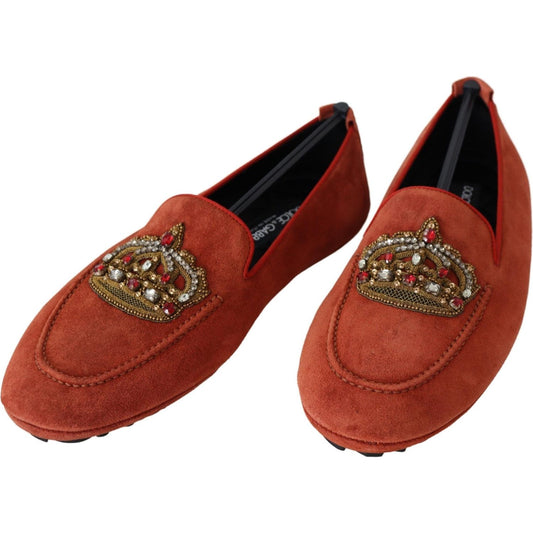 Dolce & Gabbana Orange Leather Crystal Crown Loafers Shoes MV3860-39