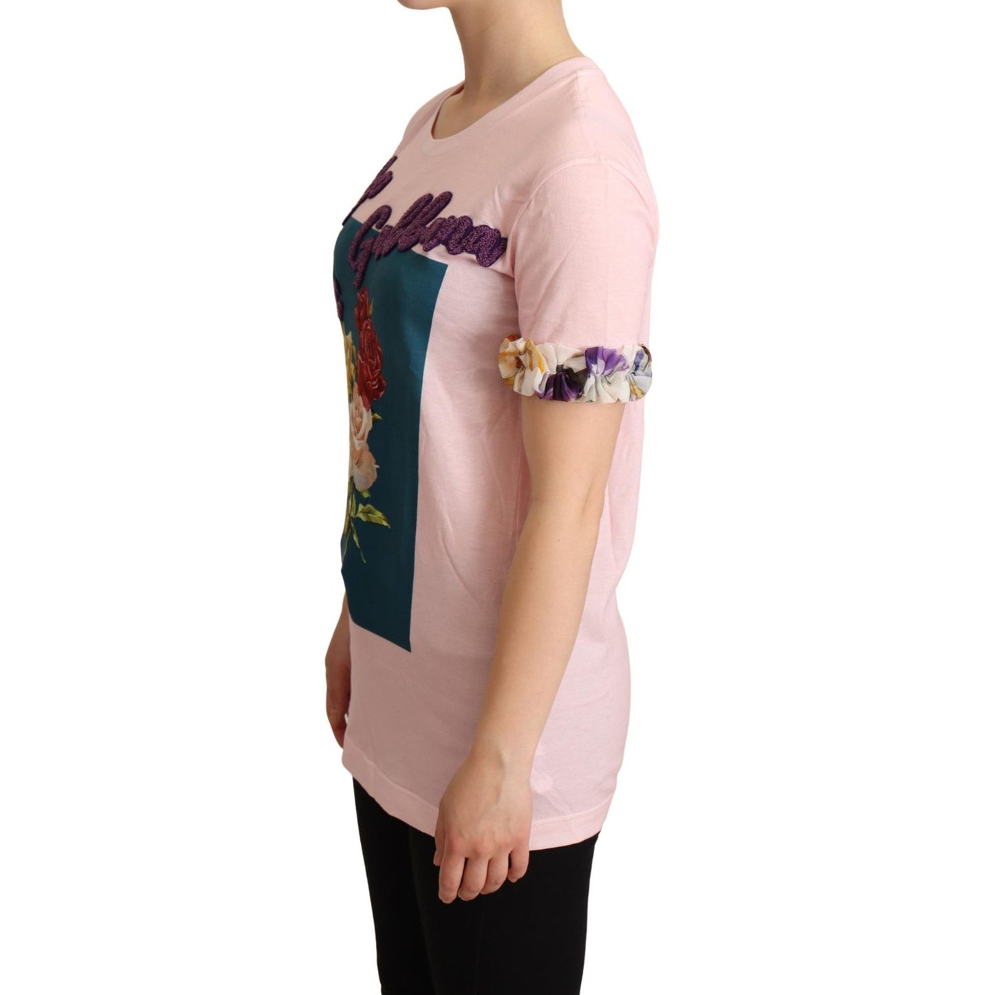 Dolce & Gabbana Pink Cotton Floral Roses Crewneck T-shirt