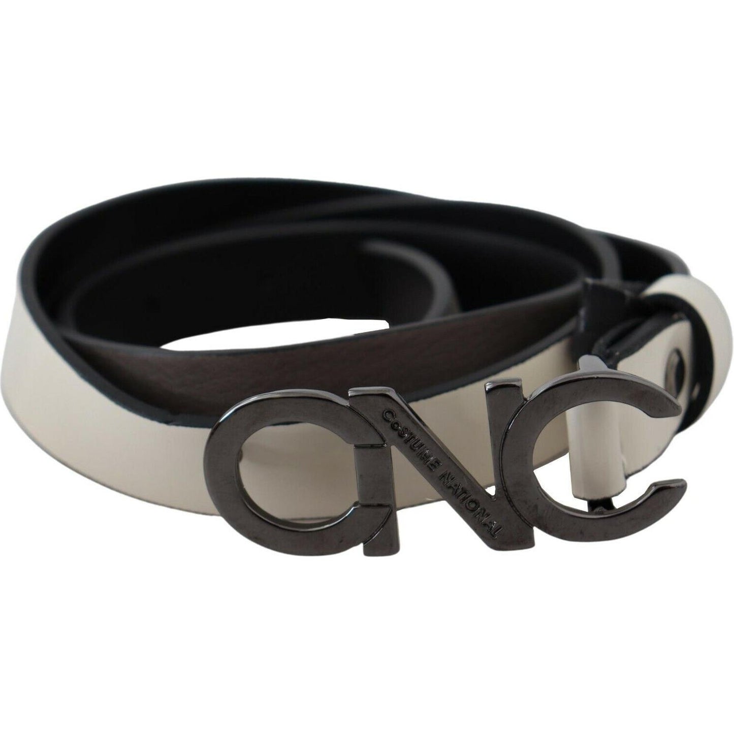 Costume National White Black Leather Letter Logo Buckle Belt