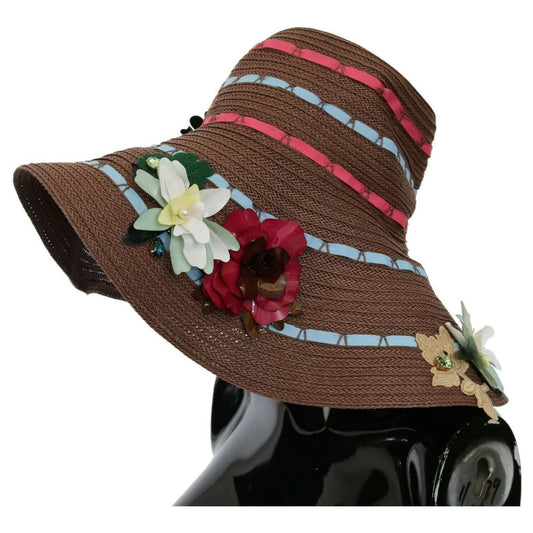 Dolce & Gabbana Brown Knitted Straw Floral Hat HAT20067 59