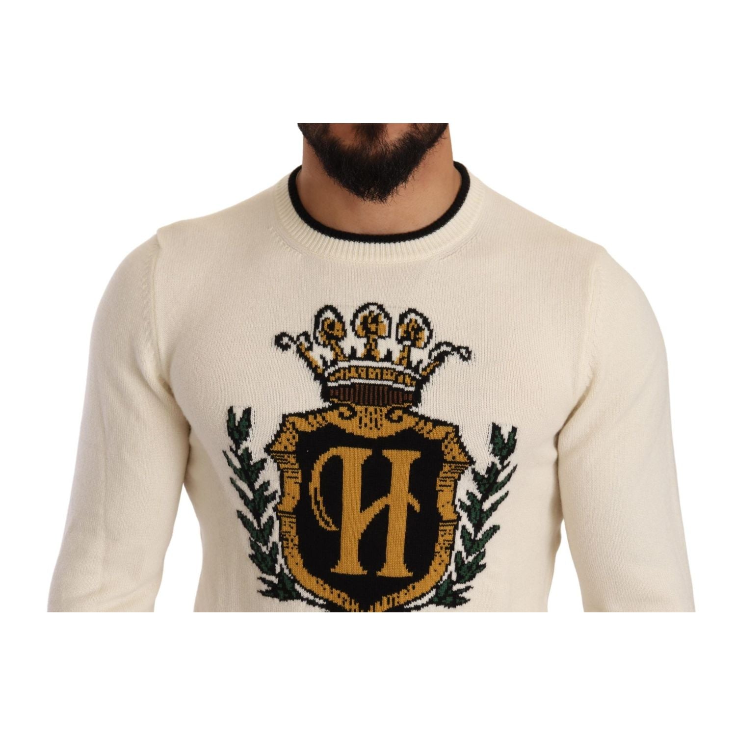 Dolce & Gabbana White Heraldic Cashmere Pullover Sweater