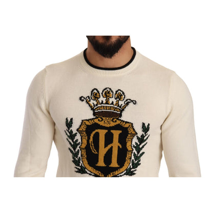 Dolce & Gabbana White Heraldic Cashmere Pullover Sweater