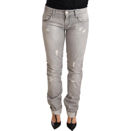 Acht Gray Tattered Cotton Slim Fit Folded Hem Women Denim Jeans Acht