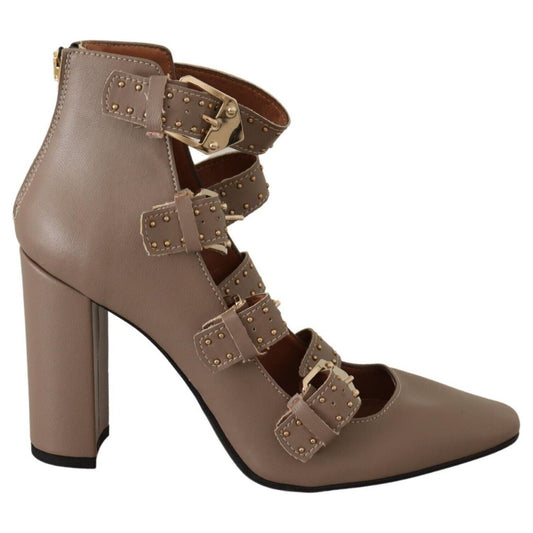 MY TWIN Brown Leather Block Heels Multi Buckle Pumps Shoes LA9394 - 37