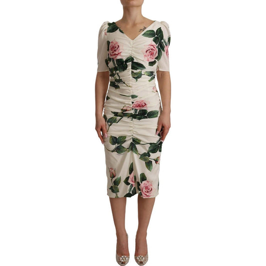 Dolce & Gabbana White Roses Print Stretch Silk Pleated Dress Dress