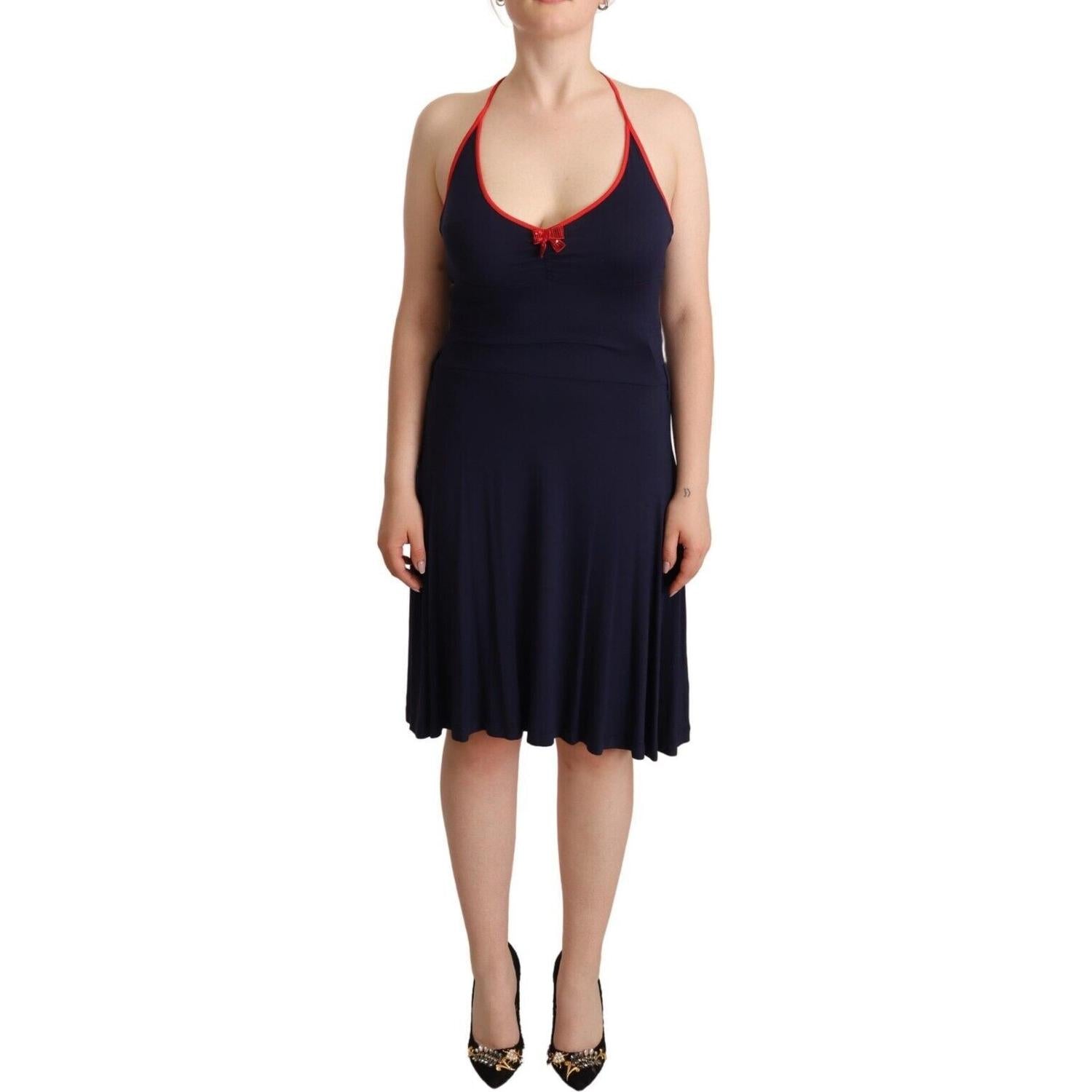Roccobarocco Navy Blue Sleeveless Halter Sheath Midi Dress