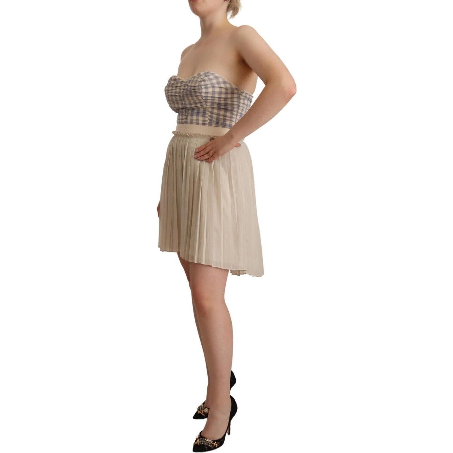 Guess Beige Checkered Pleated A-line Strapless Bustier Dress