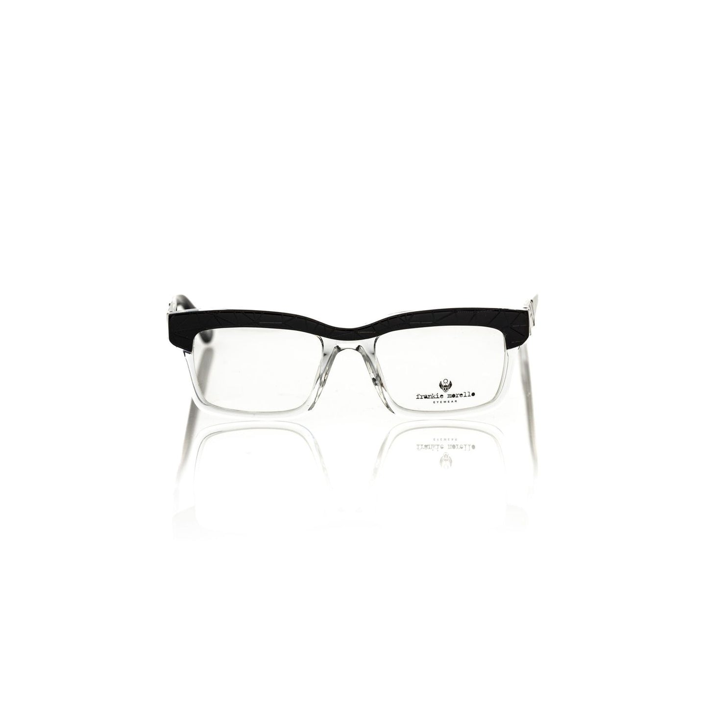 Frankie Morello Black Acetate Unisex Frame, transparent clubmaster eyewear with black geometric pattern, vibrant temples.