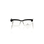 Frankie Morello Black Acetate Unisex Frame, transparent clubmaster eyewear with black geometric pattern, vibrant temples.