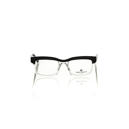 Frankie Morello Black Acetate Unisex Frame, transparent clubmaster eyewear with black geometric pattern, vibrant temples.