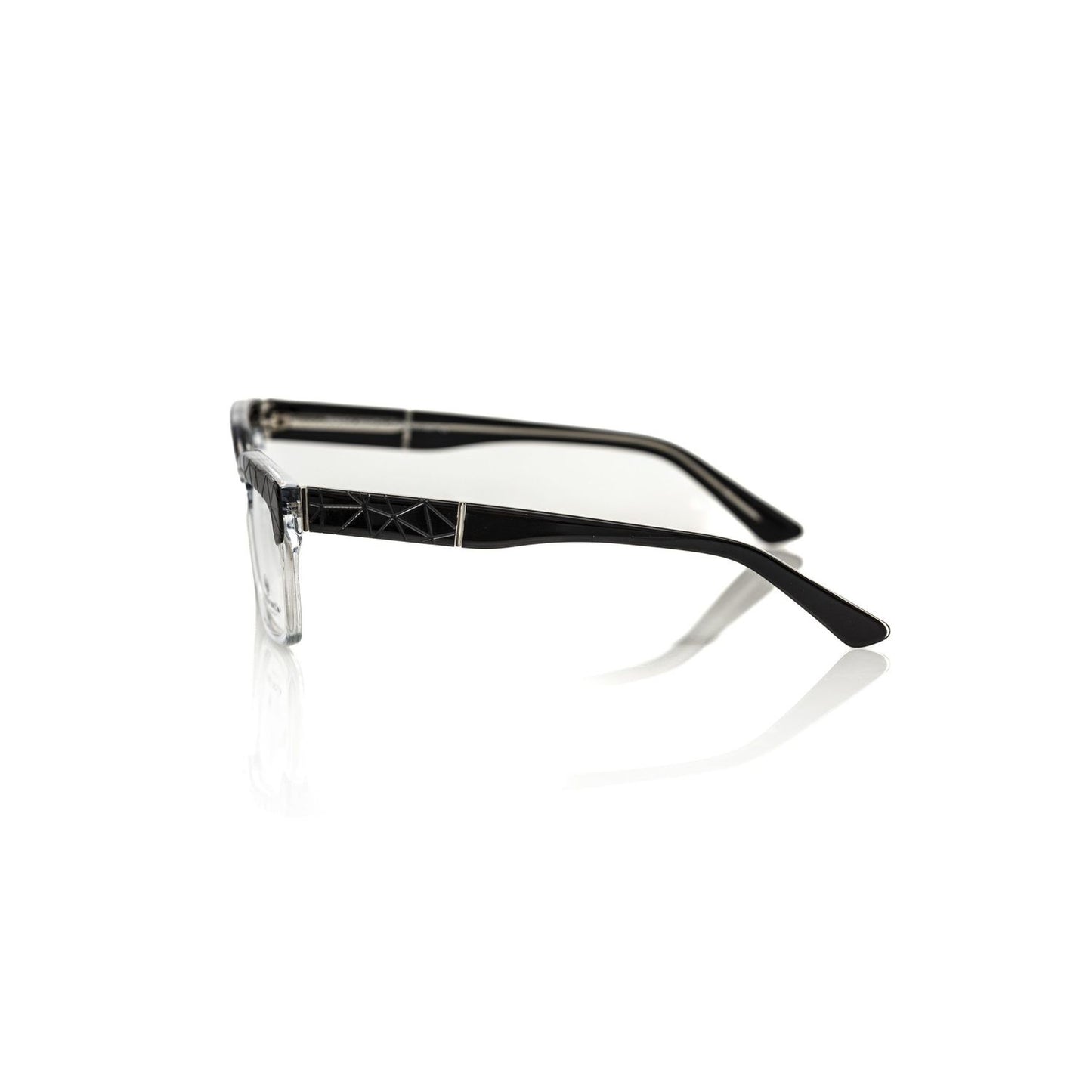 Frankie Morello Black Acetate Unisex Frame with geometric pattern and vibrant temples, side view of clubmaster style eyewear.
