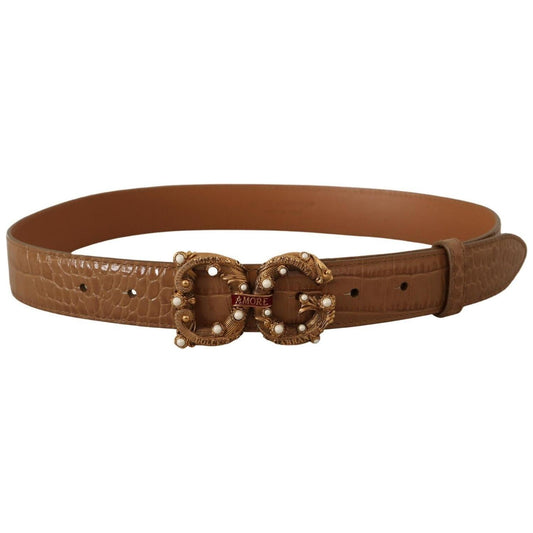 Dolce & Gabbana Brown Crocodile Pattern Leather Logo Amore Belt BEL8310 - 75