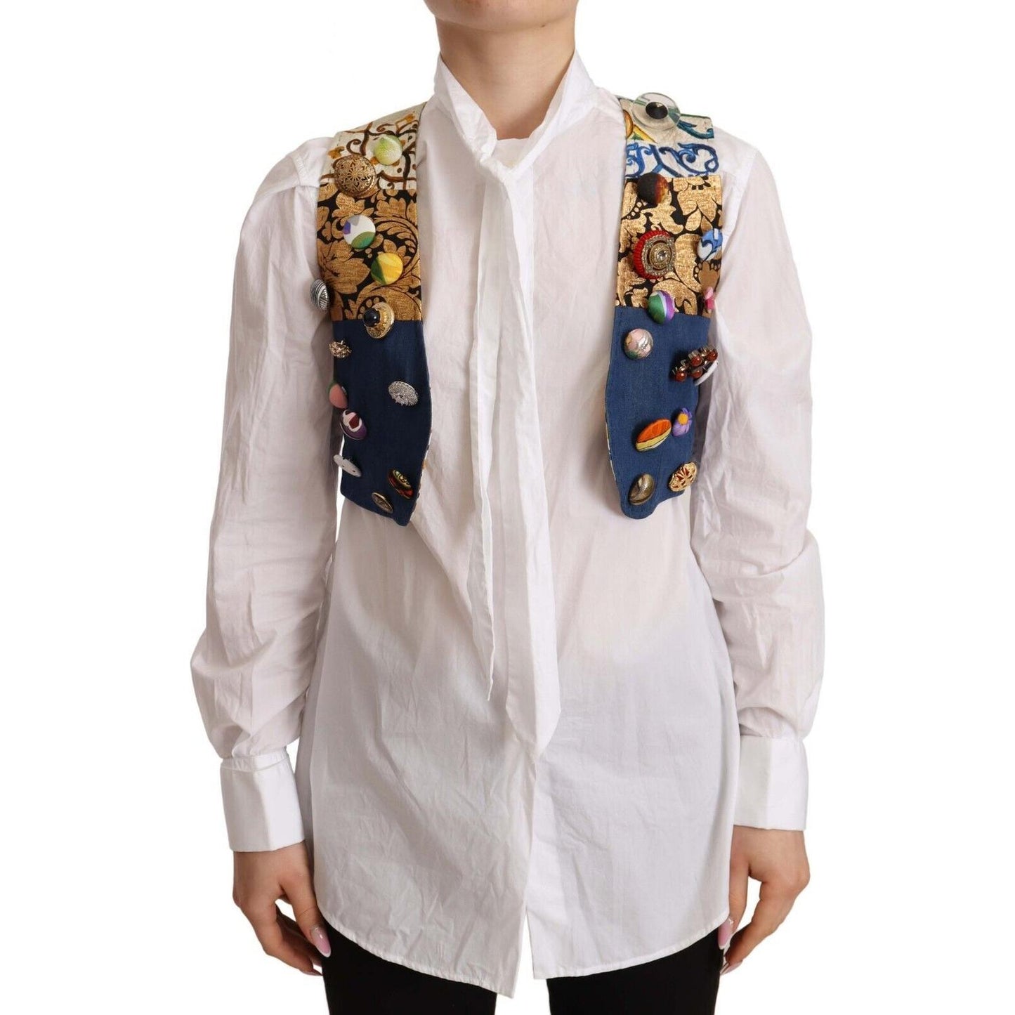 Dolce & Gabbana Multicolor Embellished Waist Coat Cotton Top